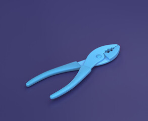 Isometric pliers on blue background, single color workshop tool, 3d rendering
