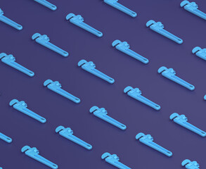 Isometric pipe wrench on blue background, single color workshop tool, 3d rendering