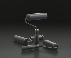 Dark gray paint roller on black background, single color workshop tool, 3d rendering
