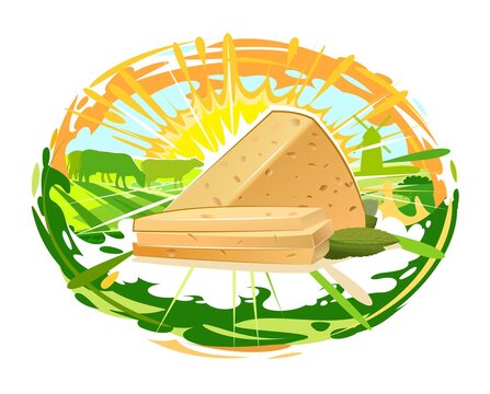 Hard, rustic perforated cheese. Isolated vector object on white background. In a spray of milk. Against the backdrop of a hilly landscape, cows, a mill and sunrise. Oval Eleptic label.	