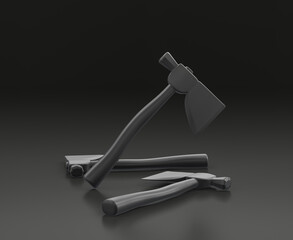 Dark gray hatchet on black background, single color workshop tool, 3d rendering