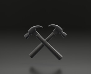 Dark gray hammer on black background, single color workshop tool, 3d rendering