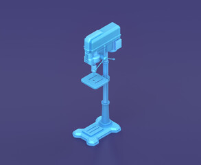 Isometric drill press on blue background, single color workshop tool, 3d rendering