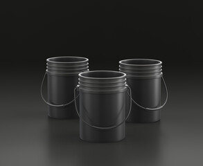 Dark gray cleaning and painting bucket on black background, single color workshop tool, 3d rendering