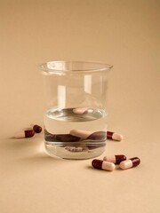 capsules with a glass of water, medicine on a beige background