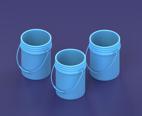 Isometric cleaning and painting bucket  on blue background, single color workshop tool, 3d rendering