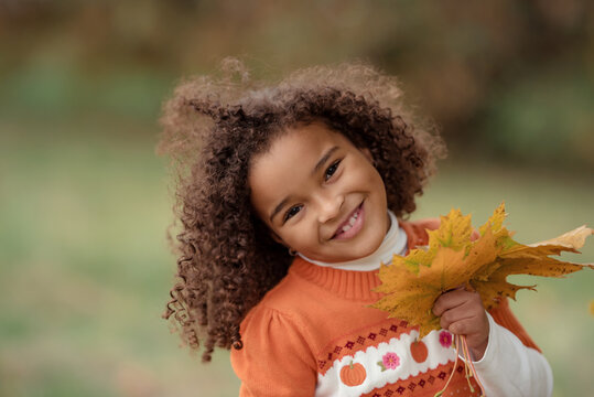 Adorable little girl outdoors at beautiful autumn day