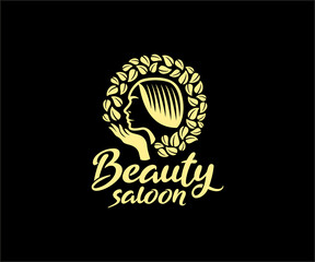 Fototapeta premium Woman face, hand and leaves, beauty salon and spa, logo design. Cosmetics, peeling, makeup and fashion, vector design and illustration
