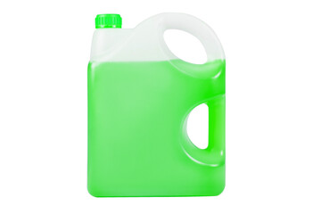 Green antifreeze in a 5-liter can Non-freezing cleaning liquid. There are places for a label. Frontal view.
