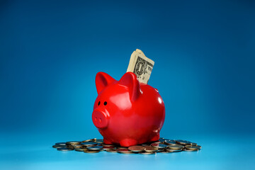 A piggy bank sits on a pile of coins. Home finance concept.