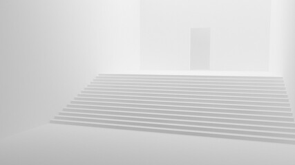 White empty room with a staircase, doorway. White corridor, tunnel. 3d render.