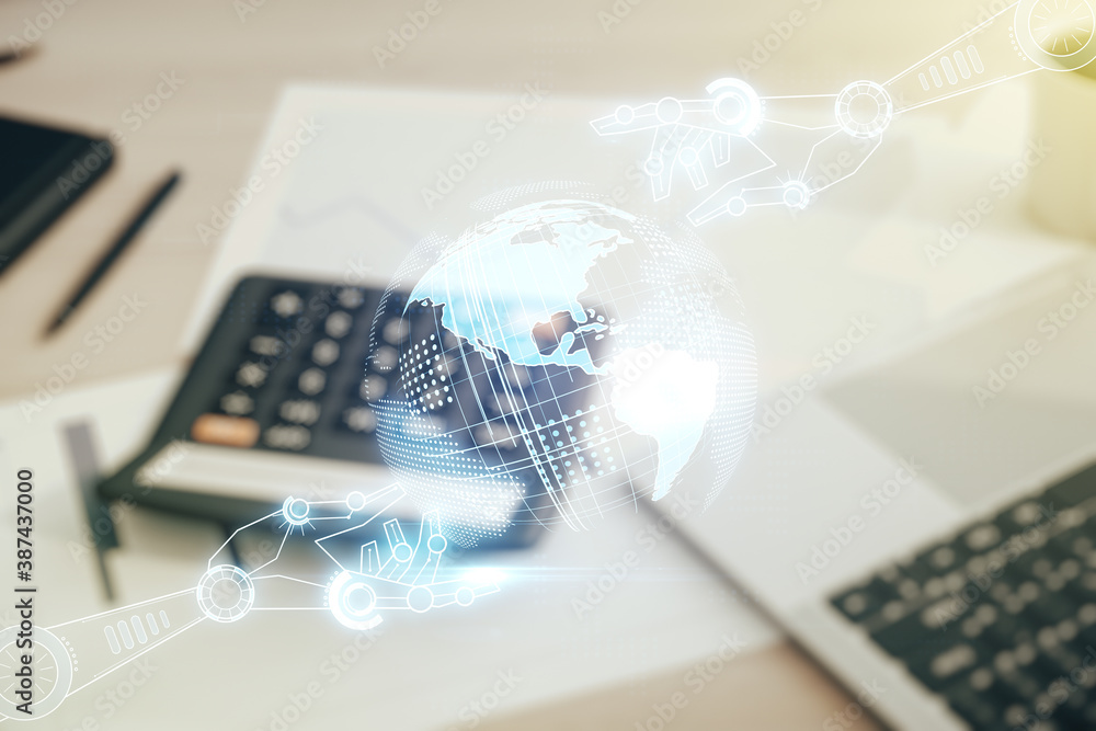 Poster abstract virtual robotics technology sketch with globe on calculator and pc background, future techn
