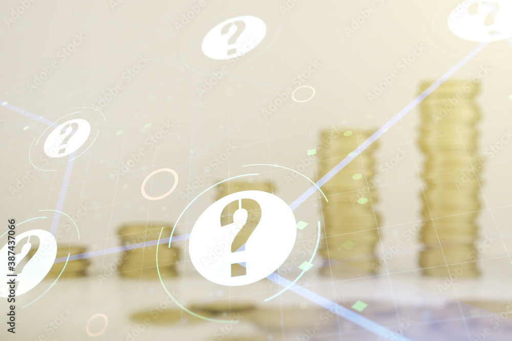 Poster double exposure of abstract virtual question mark hologram on growing stacks of coins background. so