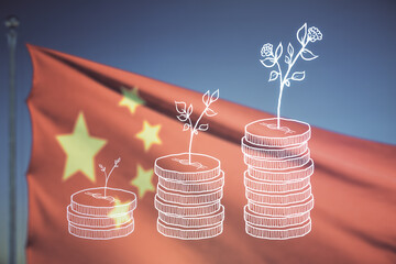Virtual money savings sketch on flag of China and blue sky background, accumulation and growth of...