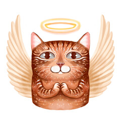 illustration of a portrait of an angel cat with wings and a halo on the head. The cat has folded its legs in prayer.