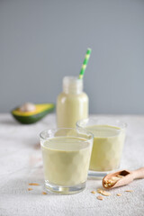 Almond milk in glass with sliced almond. breakfast concept