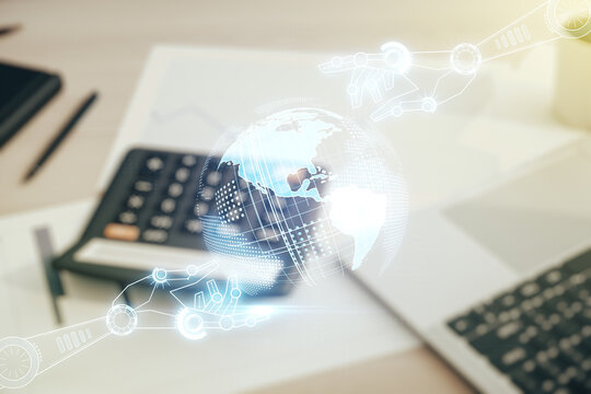 Abstract virtual robotics technology sketch with globe on calculator and pc background, future technology and AI concept. Double exposure