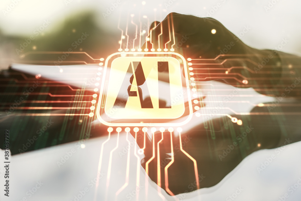 Poster creative artificial intelligence symbol concept with finger clicks on a digital tablet on background