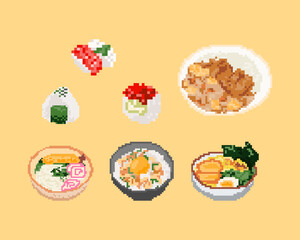 Set of Japan food in pixel art. 8 bit art vector illustration.