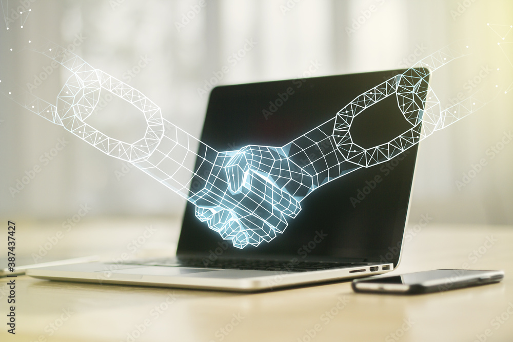 Poster creative abstract block chain technology sketch with handshake on modern laptop background, future t