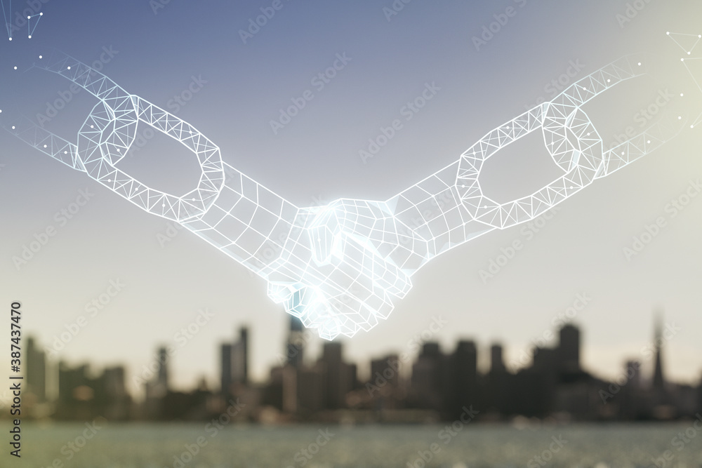 Poster abstract virtual blockchain technology hologram with handshake on blurry skyline background. digital