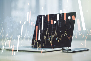 Multi exposure of abstract financial graph with world map on modern computer background, financial and trading concept