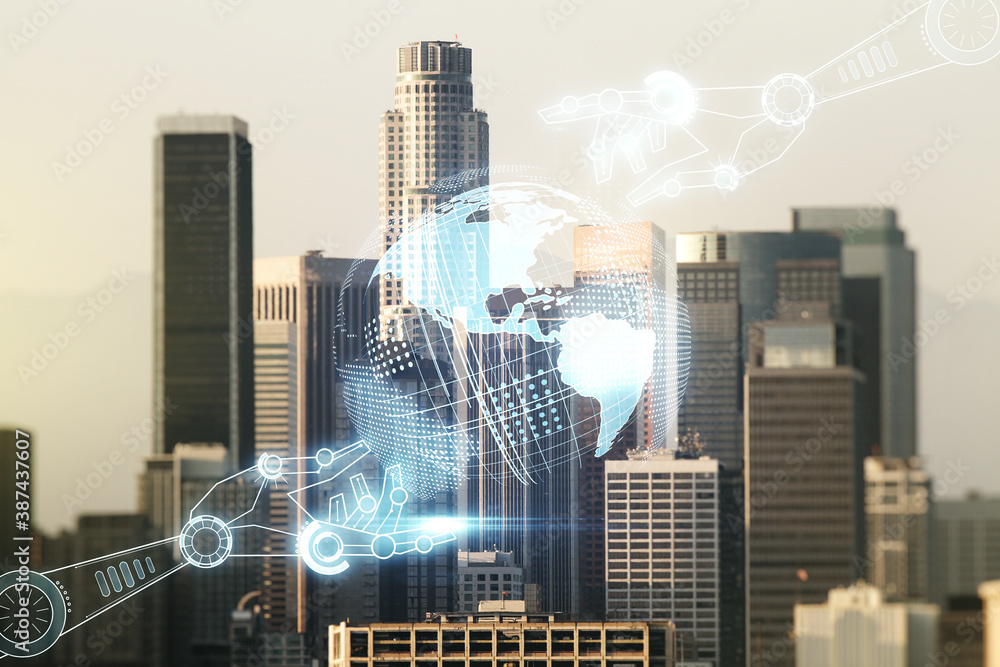 Poster abstract virtual robotics technology hologram with globe sketch on los angeles skyline background. r