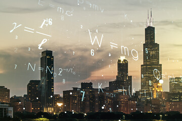 Double exposure of scientific formula hologram on Chicago city skyscrapers background, research and...