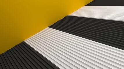 Black and white wide staircase up. Movement on the stairs. The yellow wall. 3d render.