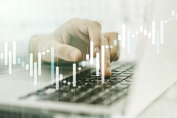 Multi exposure of abstract financial diagram with hand typing on computer keyboard on background,...