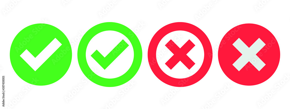 Poster green tick symbol and red cross sign in circle, do and dont, right or wrong, true or false icon symb