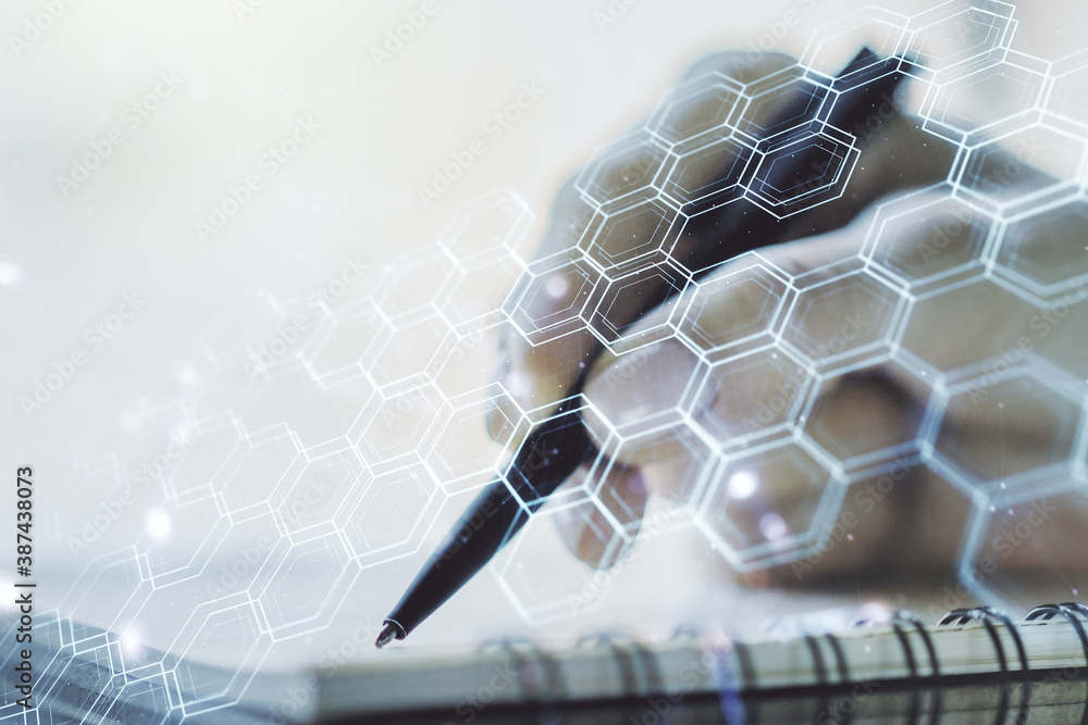 Poster double exposure of technology hologram with hexagon and woman hand writing in notebook on background