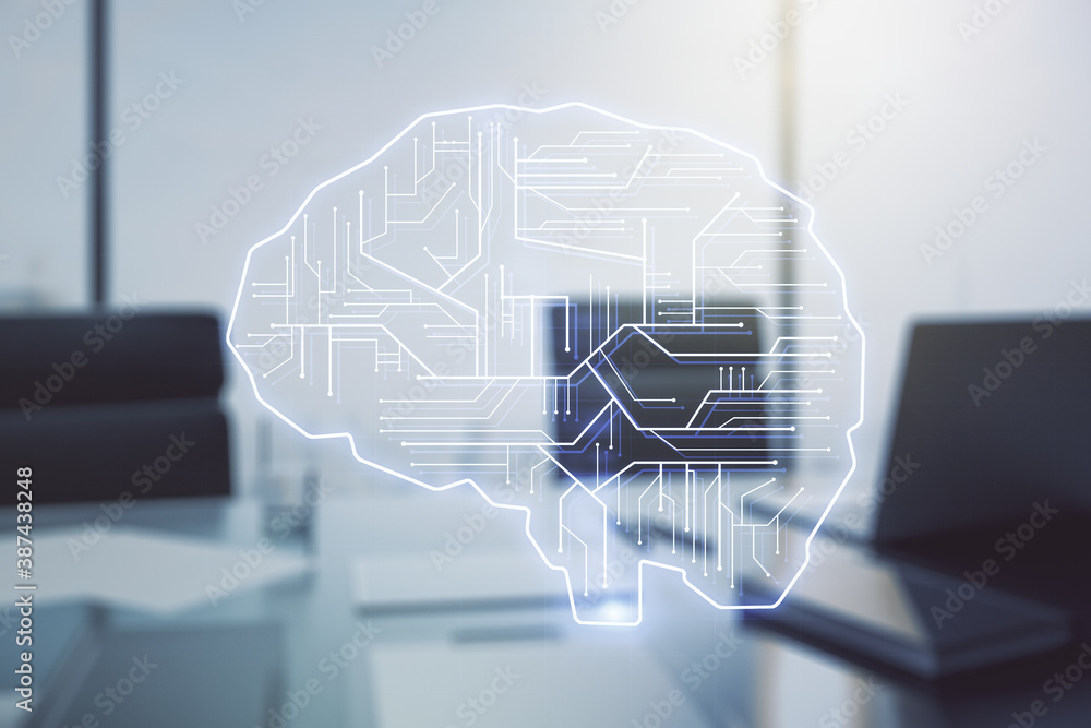 Poster double exposure of creative artificial intelligence symbol and modern desktop with laptop on backgro