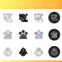 House amenities icons set. Mortgage to buy property. Realty for sale. Business deal. Residence for living. Real estate. Linear, black and RGB color styles. Isolated vector illustrations