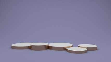 Five round podiums on a lilac background. Golden stands.
