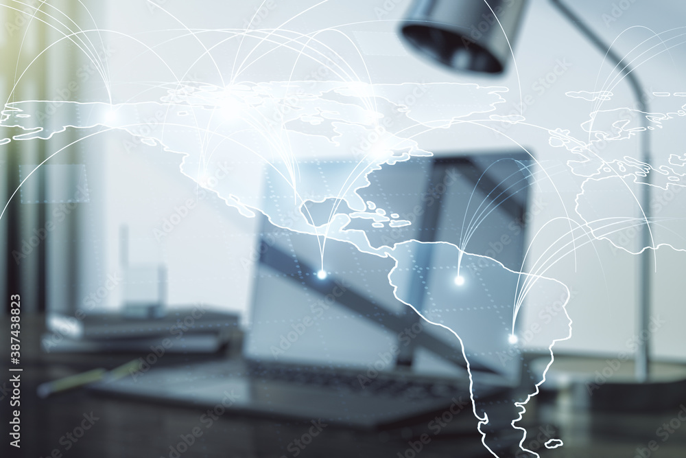Poster double exposure of abstract digital world map with connections on computer background, big data and 