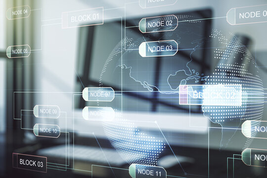 Double exposure of abstract programming language with world map on laptop background, research and development concept