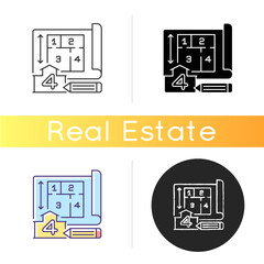 Number of rooms icon. Architect plan of building. Engineering draft of residential house. Real estate structure. Home blueprint. Linear black and RGB color styles. Isolated vector illustrations
