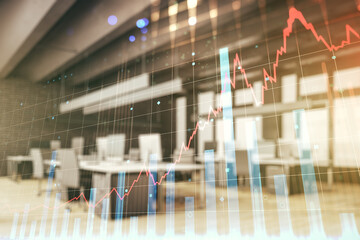 Multi exposure of abstract virtual financial graph hologram on a modern furnished office background, forex and investment concept