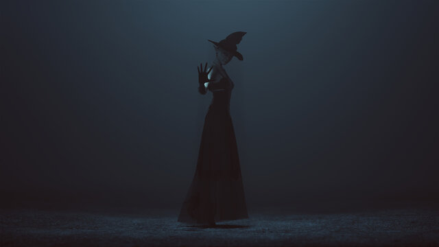 Witch with a Hat and Hand Out Floating Slightly Off the Ground in a foggy void 3d Illustration 