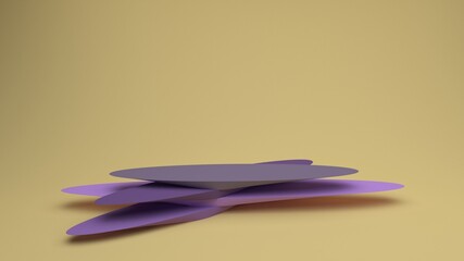 Podiums for the demonstration of goods and products. Lilac, pink, purple stands on a delicate matte yellow background. 3d render.