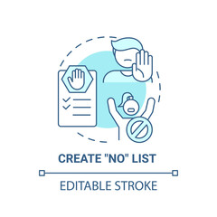Create no list concept icon. Self care checklist. Healthy restriction for your health. Everyday limitations idea thin line illustration. Vector isolated outline RGB color drawing. Editable stroke