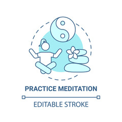 Practice meditation concept icon. Self care checklist. Inovational yoga tutorial. Silent relax time for yourself idea thin line illustration. Vector isolated outline RGB color drawing. Editable stroke
