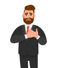 Trendy young business man having heart ache, holding hands on chest. Heart attack or stroke. Stressed person suffering chest pain. Healthcare, modern lifestyle illustration in vector cartoon style.