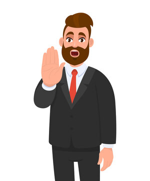 Trendy Young Business Man Making Or Showing Stop Gesture Sign With Hand, Saying No. Shocked Person Warning Signal With Palm Of The Hand.  Human Emotions And Modern Lifestyle In Vector Cartoon Style.