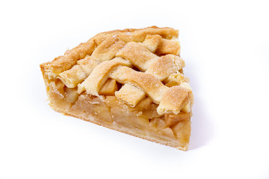 Traditional American Thanks Giving lattice pie isolated on white background. Homemade fruit tart baked to golden crust. Close up, copy space, top view.