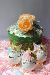 Happy easter day. Picture with easter cake and easter eggs with beautiful easter decoration.