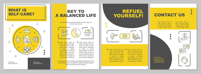 Self care brochure template. Key to balanced life. Flyer, booklet, leaflet print, cover design with linear icons. Vector layouts for magazines, annual reports, advertising posters