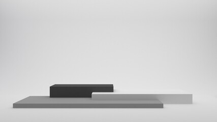 Black, grey and white podium on a white background. Rectangular display stand. 3d render.