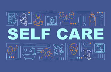 Self care word concepts banner. Love yourself. Mental and emotional health. Infographics with linear icons on navy background. Isolated typography. Vector outline RGB color illustration